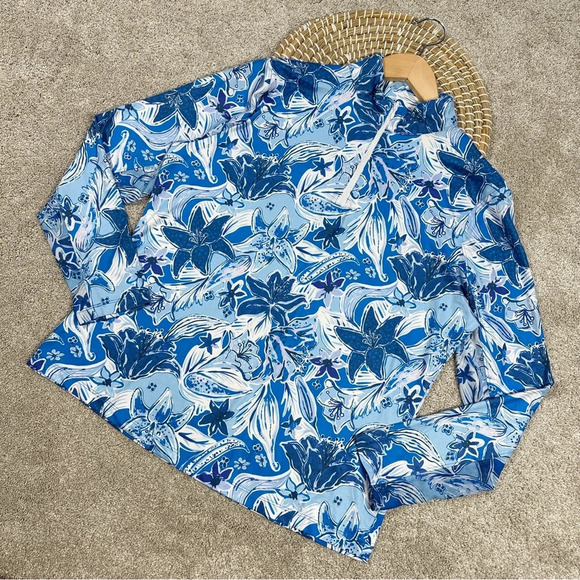 Gottex Tops 1/4 Zip Longsleeve Floral Printed Blue High-Neck Golf Size L - Picture 2 of 15